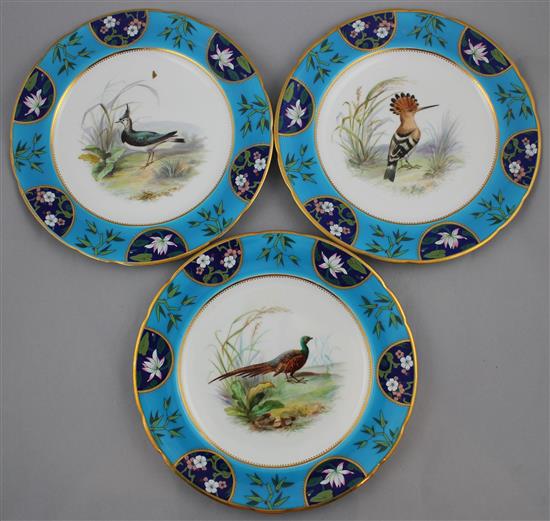 Three Minton cloisonné dessert plates painted with scenes of exotic birds, c.1878, 23.5cm